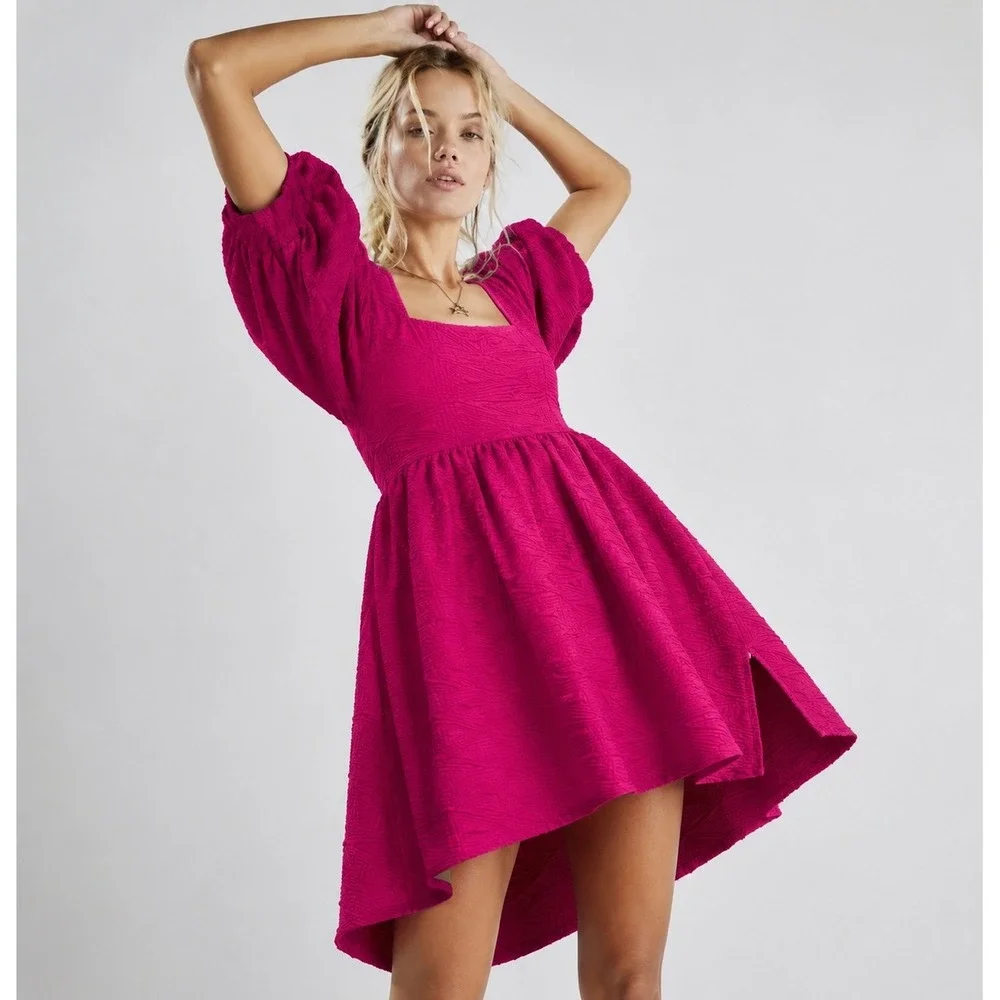 Free People Babydoll Dress Womens Medium Pink Barbiecore Puff‎ Sleeve Open Back
